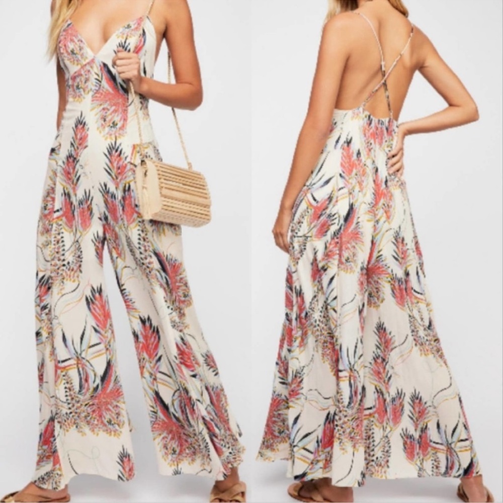 Free People Cream Floral Print Spaghetti Strap Jumpsuit